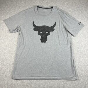 Under Armour Project Rock T Shirt Mens 2XL Gray Brahma Bull Logo Heat Gear